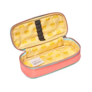 Open pink zippered pouch with a yellow cherry-pattern interior and a black elastic strap inside, used as a cosmetic or pen case.