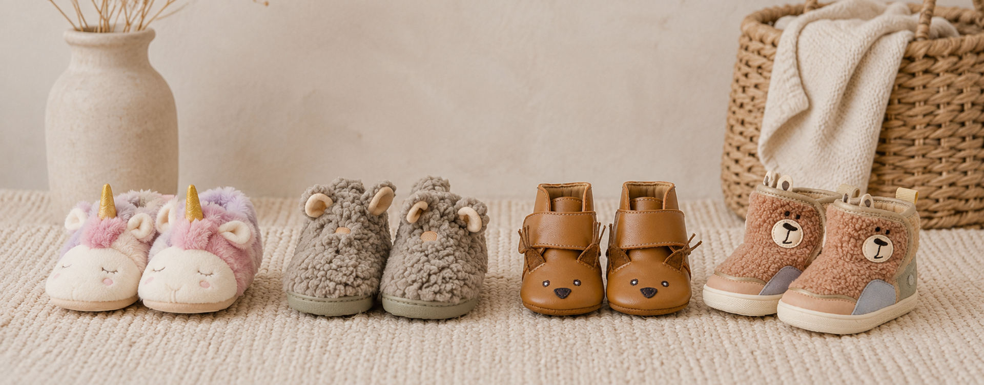 Row of kid slippers on a beige rug: pastel unicorns, fluffy sheep, bear-like boots, and tan leather shoes.