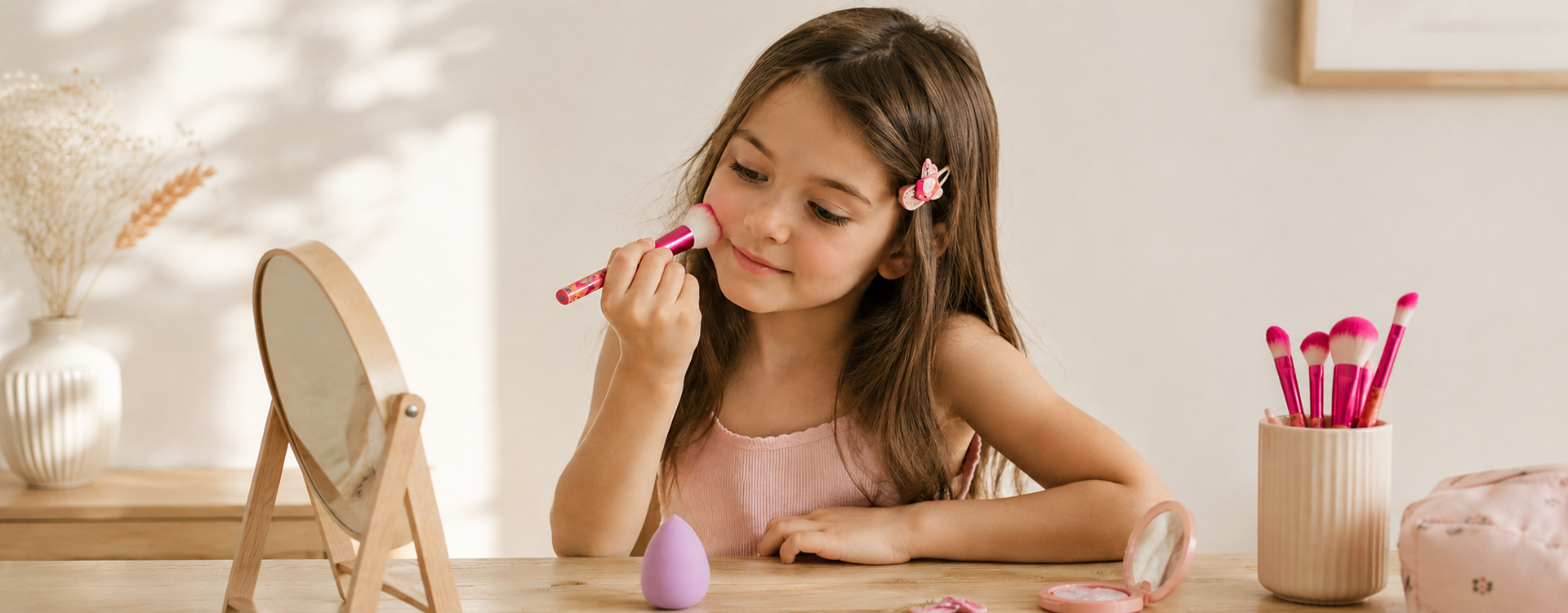 Young girl applies blush with a pink makeup brush at a wooden vanity, looking into a small round mirror.