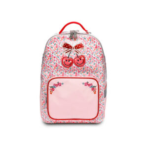 Pink floral kids' backpack with a pink front pocket, red trim, and a cherry-bow graphic.