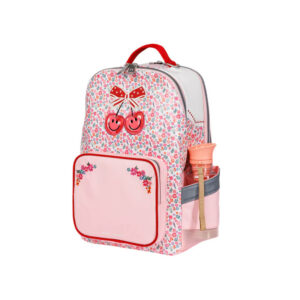 Pink floral-patterned children's backpack with cherry decal and front zip pocket, plus a side bottle holder?
