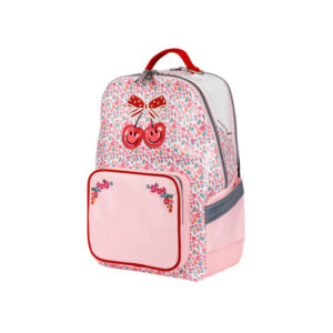 Pink kids' backpack with a floral pattern, cherry graphic, red handle, and a front pink pocket with floral accents.
