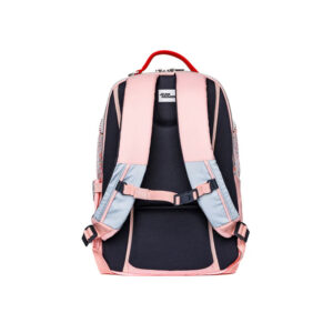 Back view of a pink and navy children's backpack with padded straps and a top red handle.