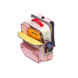 Pink floral kids' backpack with multiple compartments and front pockets, showing a yellow inner panel and water bottle holder on the side
