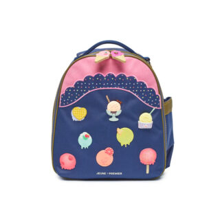 Colorful kids' backpack with a navy body and pink top, decorated with ice cream and candy stickers and a small bow detail on the zipper area