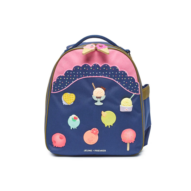 discodip Colorful kids' backpack with a navy body and pink top, decorated with ice cream and candy stickers and a small bow detail on the zipper area
