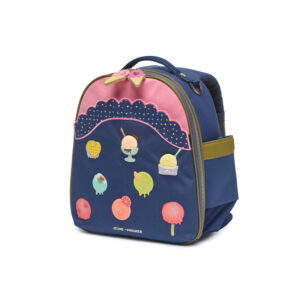Colorful children's backpack with ice cream cone graphics on navy fabric, pink top panel, and gold zipper details. Functional note: ideal for suggesting a playful kids' backpack.