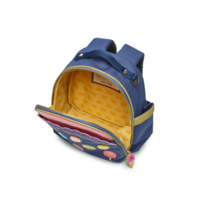 Blue kids' backpack with a yellow-lined interior and an ice-cream cone pattern on the front pocket, zipper open.