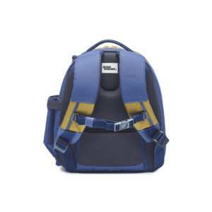 Back view of a blue backpack with yellow accent straps, showing padded shoulder straps and a chest buckle for a secure fit.
