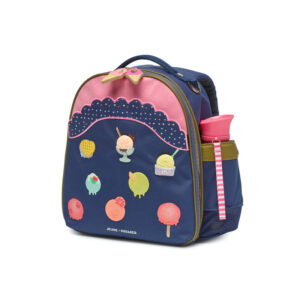 Kids' navy backpack with pink top and ice cream sticker designs; side pocket holds a pink water bottle