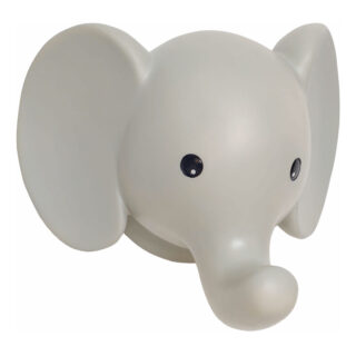 White decorative elephant head figurine with oversized ears and small black eyes.