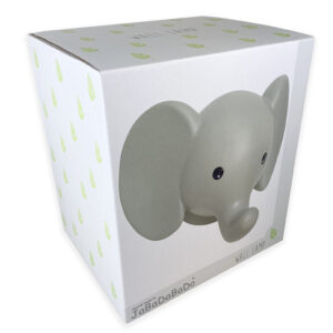 Box packaging for a gray elephant-shaped wall lamp, with an elephant head image on the front and light green pattern on the sides (JaBaDaDo).