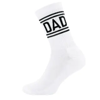 White crew sock with black stripes at the cuff and the word DAD printed around the top, a dad-themed novelty sock.