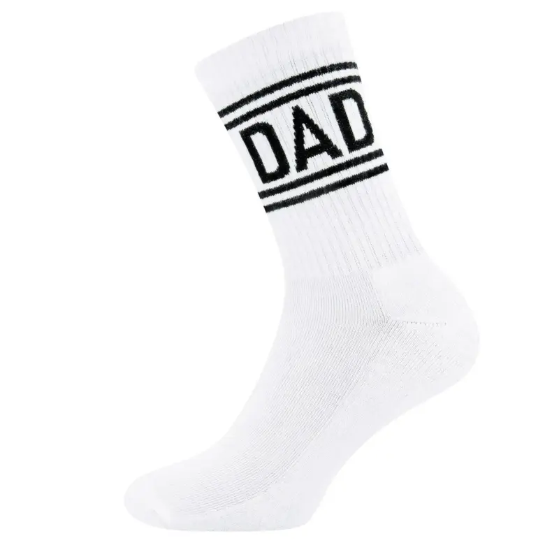 White crew sock with black stripes at the cuff and the word DAD printed around the top, a dad-themed novelty sock.