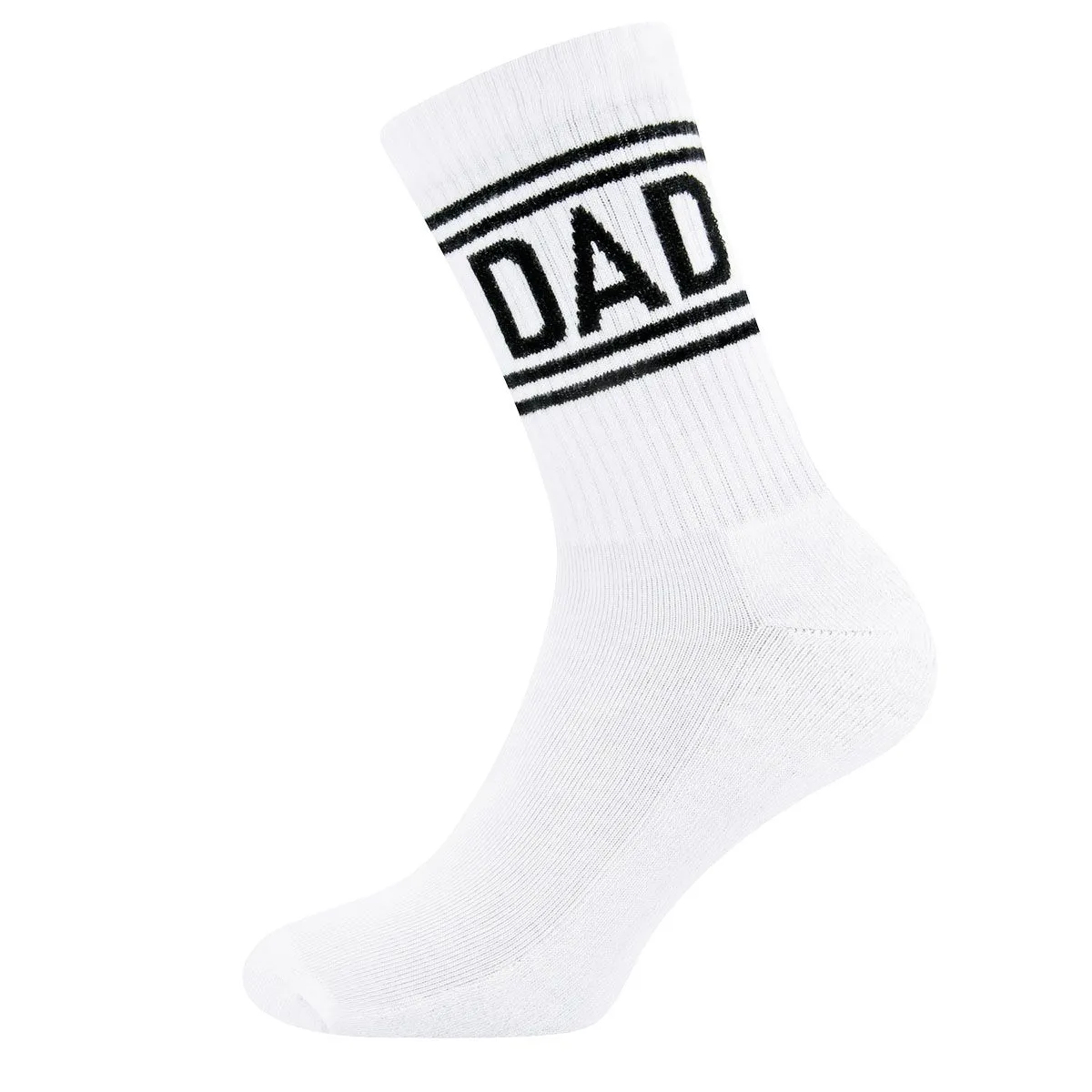 ewersdad1 White crew sock with black stripes at the cuff and the word DAD printed around the top, a dad-themed novelty sock.
