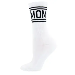 White knee-high sock with black stripes and the word 'MOM' at the cuff.