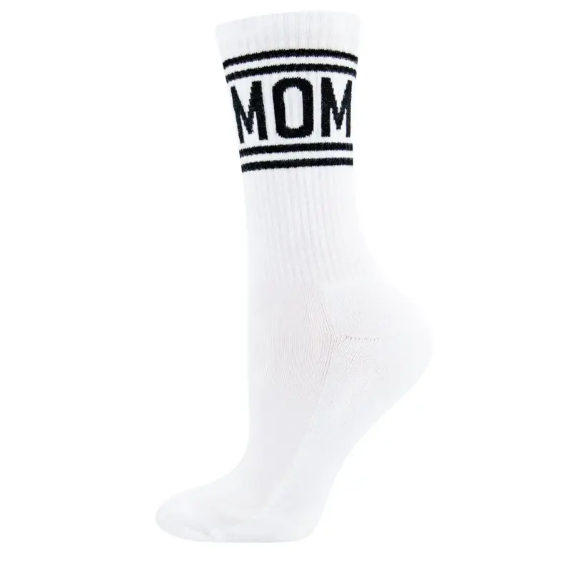 White knee-high sock with black stripes and the word 'MOM' at the cuff.
