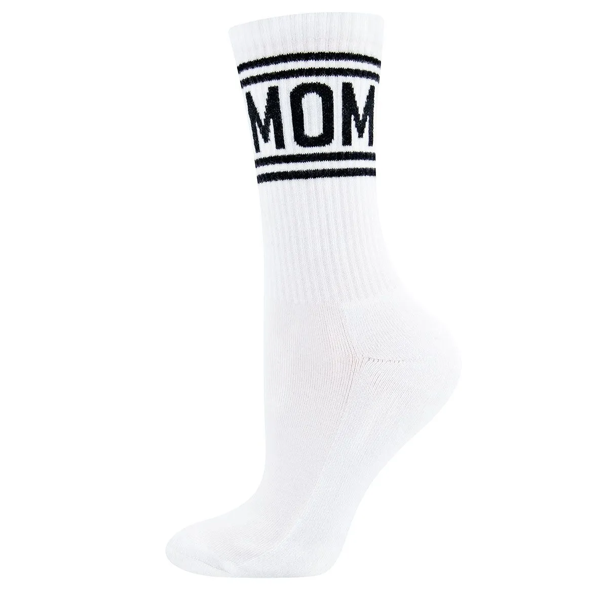 ewersmom White knee-high sock with black stripes and the word 'MOM' at the cuff.