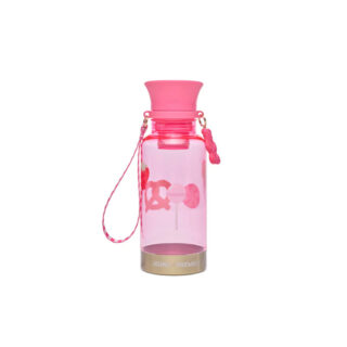 Pink plastic water bottle with a pink cap, straw insert, and a pink wrist strap on a white background.