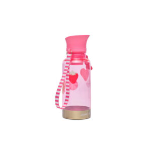 Pink children's water bottle with a pink lid, striped strap, and strawberry/heart design on the bottle surface.