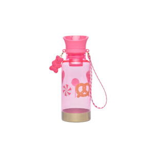 Pink transparent kids' water bottle with pink lid, gold base, and a pink strap with a bear charm.