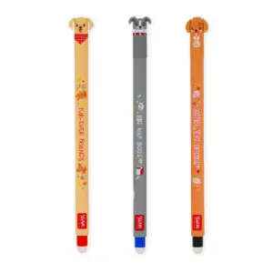 Three novelty pens with dog-headed toppers in beige, gray, and orange, each with playful phrases along the bodies and small decorative icons.