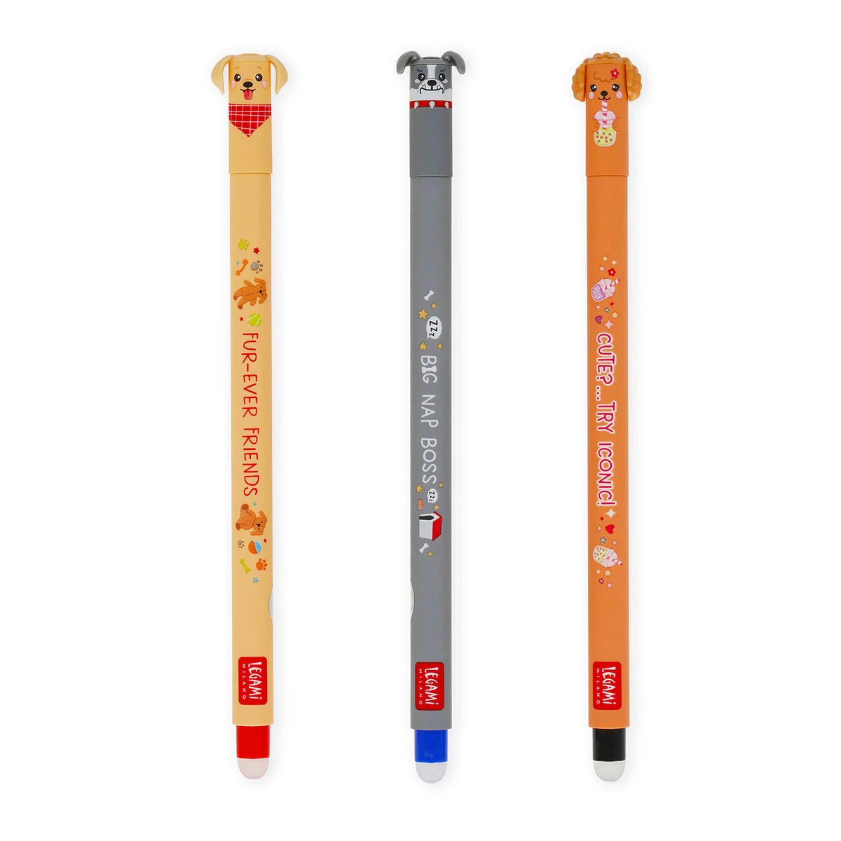 furever1 Three novelty pens with dog-headed toppers in beige, gray, and orange, each with playful phrases along the bodies and small decorative icons.