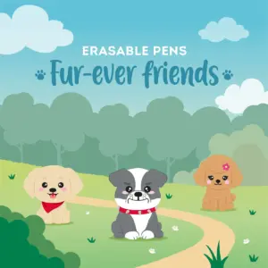 Cartoon cover art for Erasable Pens: Fur-ever Friends, showing three puppies in a sunny park landscape.