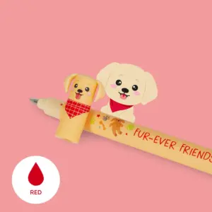 Two cute cartoon dogs leaning on a yellow pencil with 'FUR-EVER FRIENDS' text, pink background, playful red paw-print design accents and a red color swatch in the corner.