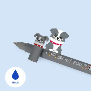 Cartoon bulldog characters perched on a gray pen that reads 'BIG NAP BOSS'; a blue badge in the lower-left corner labeled BLUE.