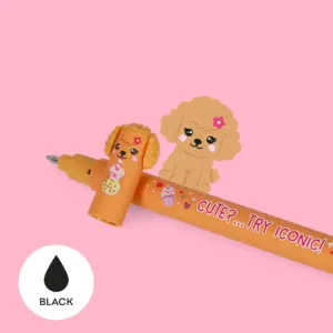Orange pencil with a cute poodle illustration and a cap, placed on a pink background.