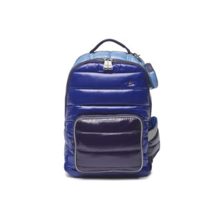 Puffy blue-to-navy backpack with a large front zip pocket and top handle, shown against a white background.