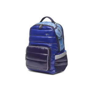 Puffy blue-to-navy backpack with a large front zip pocket and side pocket, top handle visible.