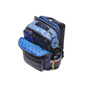 Blue and navy padded backpack with multiple compartments and a water bottle on the side pocket edge viewed from above, zipper open to reveal interior.] g