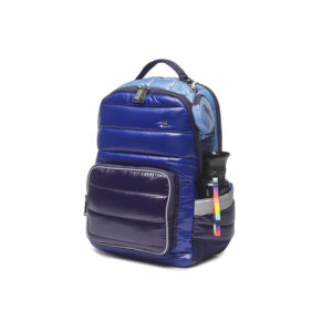Shiny blue-to-purple backpack with a large front pocket and side water bottle pocket.