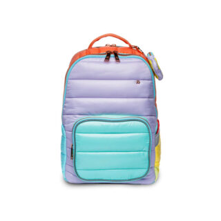 Quilted backpack with lavender body, turquoise front pocket, and orange top handle on a white background.','Colorful kids’ backpack featuring a turquoise front pocket and pastel purple body.','School backpack with front zip pocket and multicolor panels (lavender, turquoise, orange).','Backpack with orange handle and multiple color panels; front pocket in turquoise.','Backpack with pastel colors and a front pocket, ideal for school or travel.