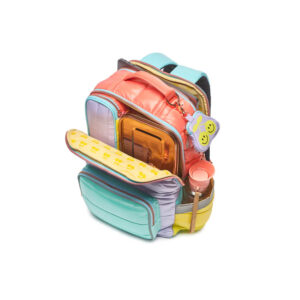 Colorful children's backpack with multiple zip compartments, showing a yellow lunchbox inside and pink water-bottle pocket visible.
