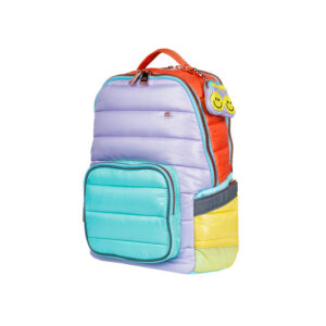 Colorful children's backpack with pastel purple body, turquoise front pocket, and orange sides, featuring a smiley tag and multiple zippers.