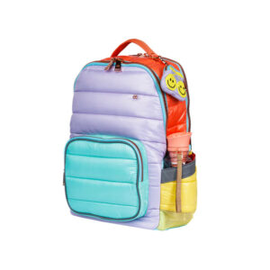 Colorful children's backpack with lavender body, turquoise front pocket, orange top handle, and side pockets with a smiley tag accessory.