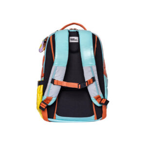 Back view of a colorful children's backpack with teal, orange, and yellow panels and padded straps.