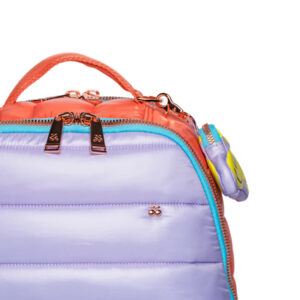 Small quilted backpack with lavender body, orange top, and turquoise zipper.