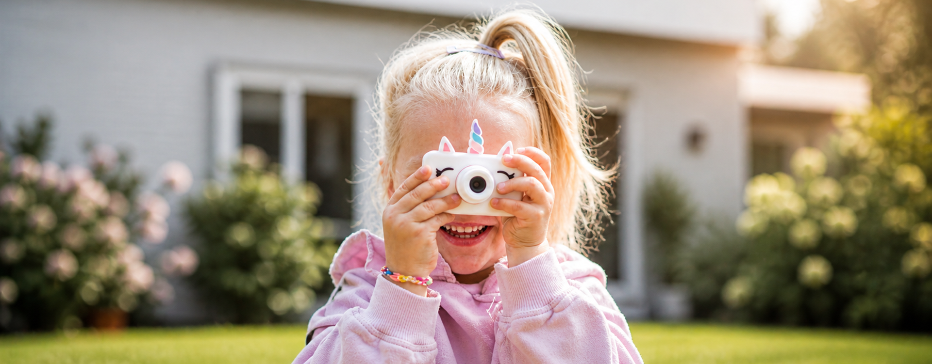 Little girl in a pink hoodie uses a unicorn-shaped camera to peek through it in a sunny garden.