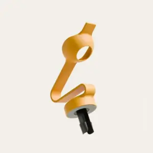 Orange flexible strap with a circular loop at the top and a black plastic fastener at the bottom, resembling a cable management clip or organizer.