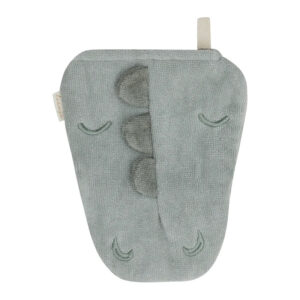 Gray plush coin purse in a dinosaur-like shape with stitched eyes and a fabric loop at the top.