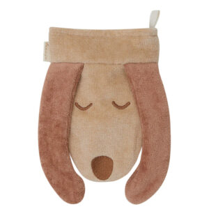 Soft plush dog-shaped wash mitt with brown ears and a beige face, featuring a hanging loop at the top.