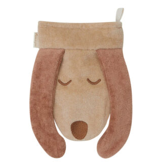 Soft plush dog-shaped wash mitt with brown ears and a beige face, featuring a hanging loop at the top.