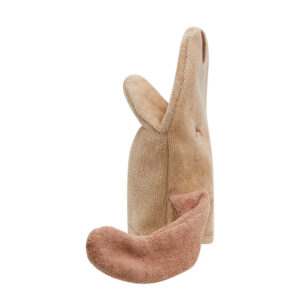 Exfoliating bath glove in beige with rabbit-ear shape, paired with a pink curved loofah sponge next to it on white background