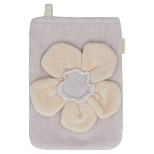 Soft lavender pouch with a large cream flower applique on the front, used for cosmetics or small items