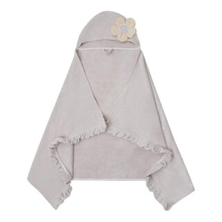 Light gray hooded baby towel with a pale yellow flower on the hood and ruffled edges along the sides for a cozy finish.