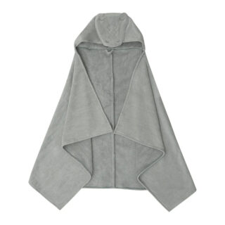 Gray plush hooded towel cape, open-front drape with a hood for drying off after a bath.
